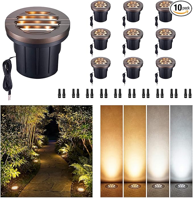 Low Voltage Well Lights LED, 12V in-Grade Landscape Lights, Outdoor IP67 Waterproof, 6" Wired Grated Top Aluminum ORB for Path & Yard 6W 350LM 10 Pack, Color Temp Random: 3000K or 5CCT