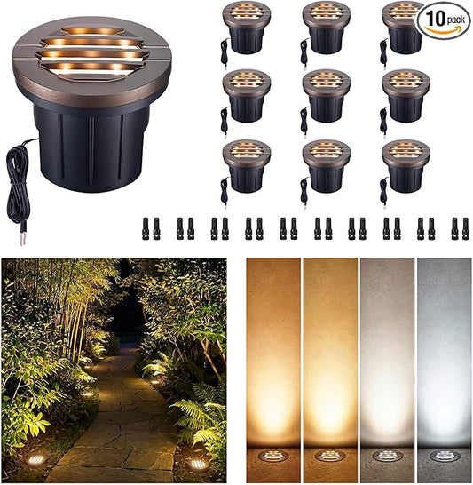 Low Voltage Well Lights LED, 12V in-Grade Landscape Lights, Outdoor IP67 Waterproof, 6" Wired Grated Top Aluminum ORB for Path & Yard 6W 350LM 10 Pack, Color Temp Random: 3000K or 5CCT