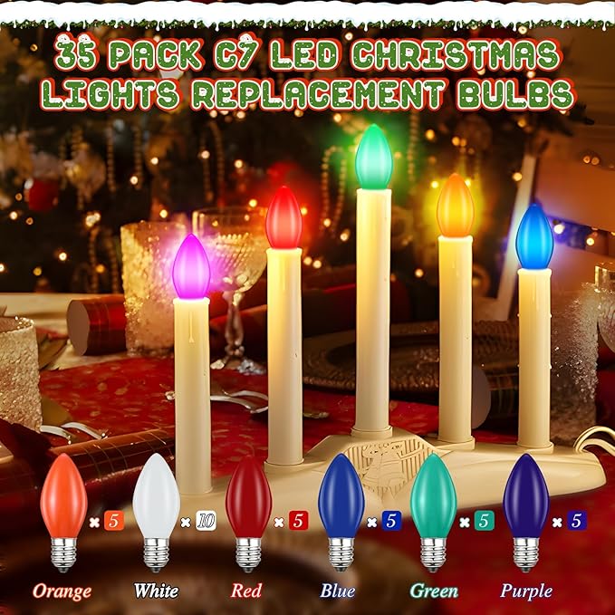 35 Pack C7 LED Christmas Lights Replacement Bulbs, 0.6W Vintage Multicolor Ceramic LED Bulbs for Outdoor Indoor String Lights, E12 Candelabra Base, Waterproof