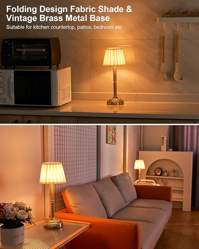 Rechargeable Cordless Table Lamps Set of 2 with Fabric Shade – Small Battery Operated Lamp, 3-Way Touch Dimmer, Portable Wireless Lighting for Restaurant Dining Bedside Kitchen Living Room Patio
