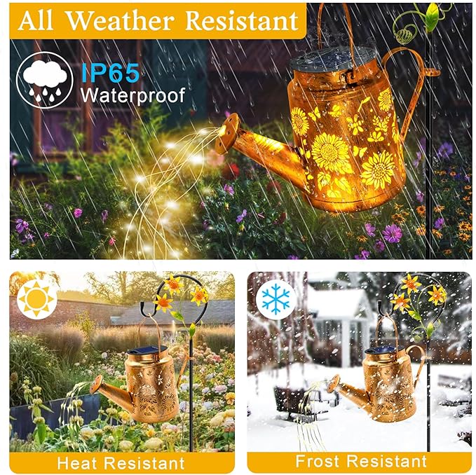 ANGMLN 2 Pack Solar Lights Outdoor Waterproof, Sunflower Solar Watering Can Lights with Shepherd Hook, Birthday Gifts for Mom Grandma Women, Metal Hanging Lantern Garden Decor Yard Outside Patio