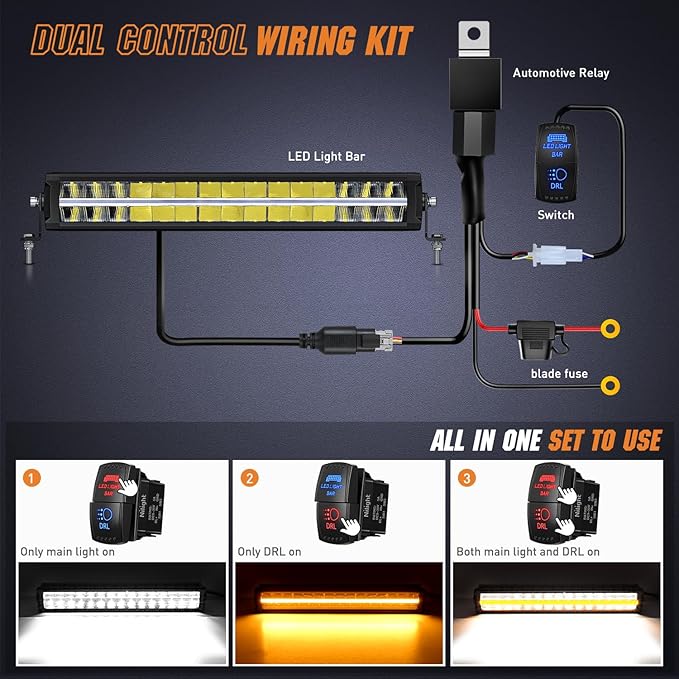 Nilight LED Light Bar with Amber DRL 19 Inch 150W Offroad Light Anti-Glare Flood Spot Combo LED Driving Light IP68 w/ 14 AWG DT Connector Wiring Harness for Pickup Truck SUV ATV UTV Boat 4x4