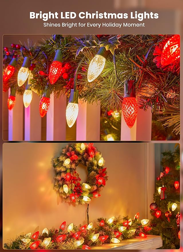 Christmas Pathway Lights Outdoor, 2 Pack 26 Ft 20 LED C9 Strawberry String Lights with Stakes, Connectable Waterproof Outside Christmas Lights Marker for Path, Lane, Patio Decor, Red & Warm White