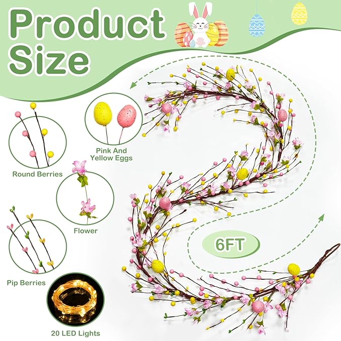 6 Ft Easter Garland with Lights Timer Easter Decorations, Artificial Easter Egg Garland Berried Pink Flower Spring Garland Battery Operated for Home Table Mantle Fireplace Holiday Decor Indoor Outdoor