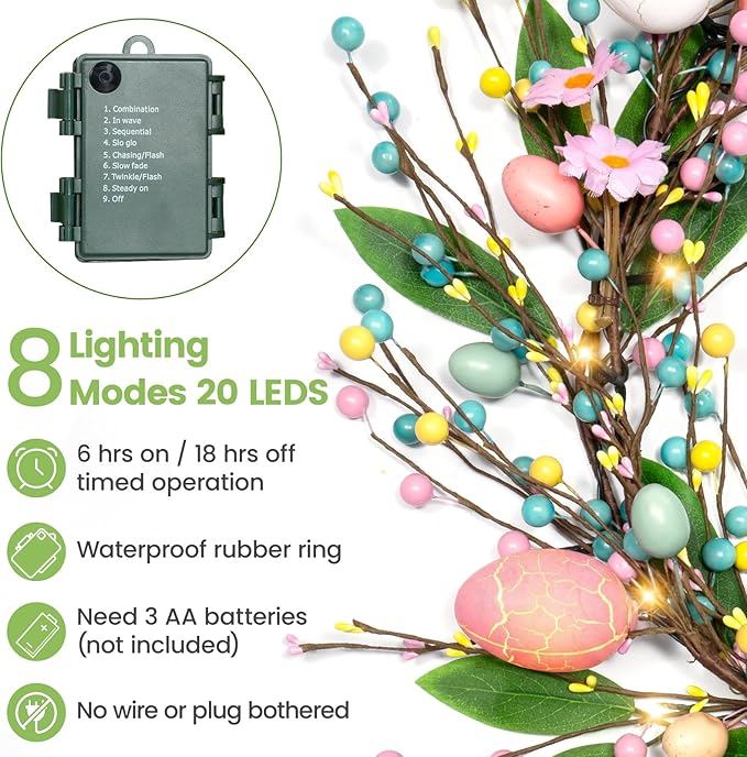 6 FT Pre-Lit Easter Garland with 20 LED Lights & 8 Mode Timer, Mixed Pastel Easter Pip Berry Spring Galand for Mantle Decorations, Lighted Artificial Easter Egg Garland for Fireplace Table Holiday