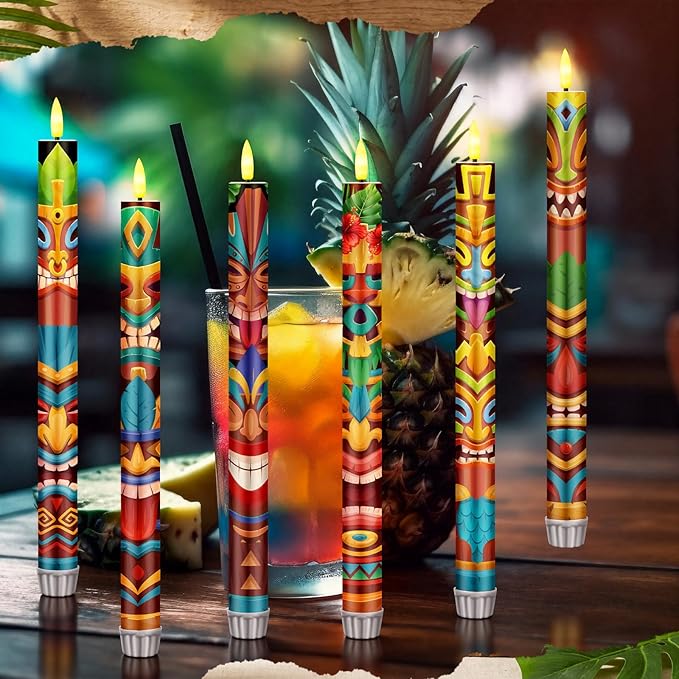 6 Pcs Tribal Tiki Flameless Candles Hawaiian LED Flameless Candle Set Battery Operated Taper Flickering Candles Luau Celebration with Remote for Summer Holiday Tiki Bar Party Table Decor Gift