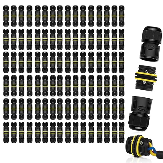 NineLeaf 96 Pack IP68 Waterproof Electrical Wire Connector, Screw Type 3-Pin M20 Cable Connectors Ø5-12mm, Outdoor Junction for Garden, Pond, Pathway, Underground Lighting Installation
