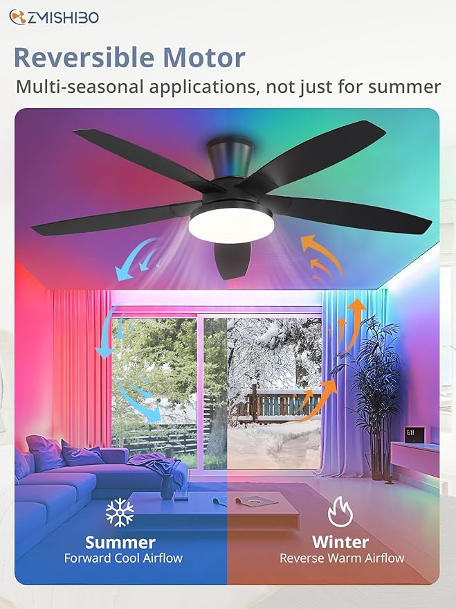 ZMISHIBO 52 inch RGB Ceiling Fans with Lights and Remote/APP Control,Black Low Profile Ceiling Fan with Quiet DC Motor,LED Dimmable, Modern Flush Mount Ceiling Fan for Bedroom Indoor,Party, Patio