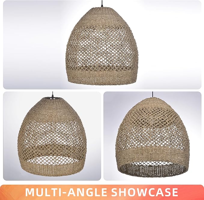 Arturesthome Boho Chandelier, Rustic Rattan Basket Woven Pendant Light Coastal Light Fixture, Farmhouse Wicker Hanging Lighting for Dining Table Kitchen Island Bedroom D17.7in