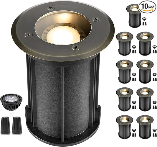 Gardenreet LED Well Lights Brass - In-Ground All Weather Replaceable Bulb Low Voltage Lighting, 12V Wired Light, Antique Bronze for Pathway Outdoor Lawn with 2700K Warm White MR16 Bulb