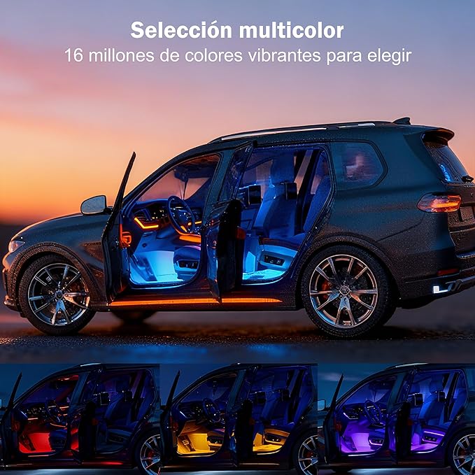 Car Interior LED Lights - 4PCs RGB Strip Lights with Bluetooth APP Control, Music Sync/DIY Mode, USB-Powered Ambient Lighting Kit for Cars, Trucks, SUVs (Universal Fit)