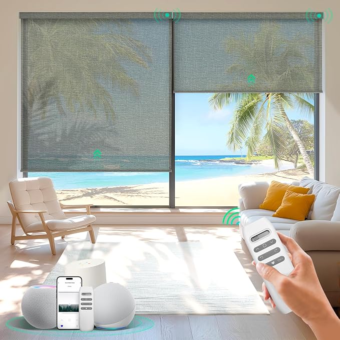 HeyBlinds Motorized Roller Shades, Smart Blinds for Windows, Remote Automatic Window Shades, Electric Shades, Light Filtering, Compatible with Alexa Google Apple Home (Sunbeam-Olive Green LF)