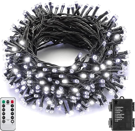 Outdoor Christmas String Lights 33Ft 100LED Battery Fairy Lights for Indoor Outdoor Waterproof Remote Timer 8Modes String Lights for Garden Party Holiday Xmas Trees Décor (Cold White)