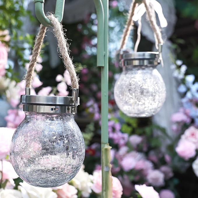 Cooo 6 Pack Gifts for Him Her Solar Lanterns Outdoor Waterproof Heavy Crackle Glass 30 LED Warm Firefly Lights Solar for Women Mom Grandma Outdoor Table Lamps Garden Yard Decor