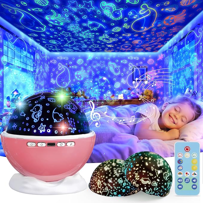 Night Light Projector,Night Light for Kids Room with Remote and Timer,360° Rotation,3 Projection Films,18 Light Modes,8 Lullaby Songs,Kids Night Lamp, Christmas Birthday Gifts for Boys Girls (Pink)
