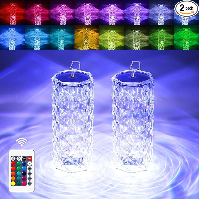 2 Pack Crystal Lamp - Touch Control Rose Crystal Lamp Light for Bedroom, 16 Color Dimmable LED Desk Lamp Light, Battery Operated Small Table Lamp for Bedroom with Remote Controller