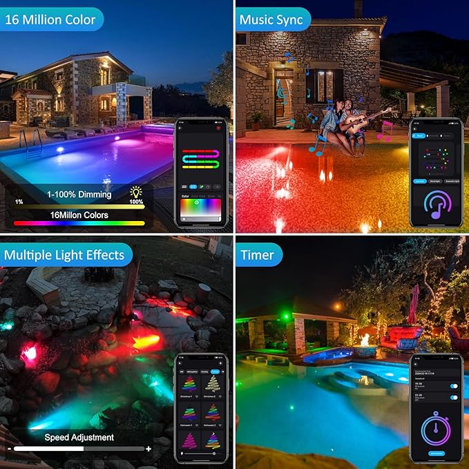T-SUN LED Pond Lights Underwater, Color Changing Submersible Fountain Lights with APP Control, Waterproof Spotlight with 16 Million Colors, Timing, Music Sync (RGB, 6-Head)
