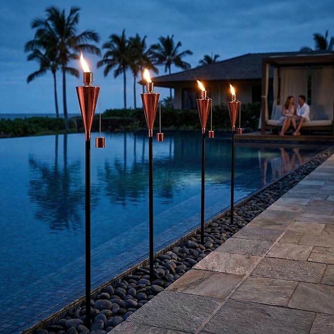 FAB BASED 55 Inch Outdoor Oil Torch Lamp–4 Pack Pieces Rustproof Stainless Steel Citronella Torches, 12.17 oz, Includes Funnel & Fiberglass Wicks for Patio Garden Backyard (Red)