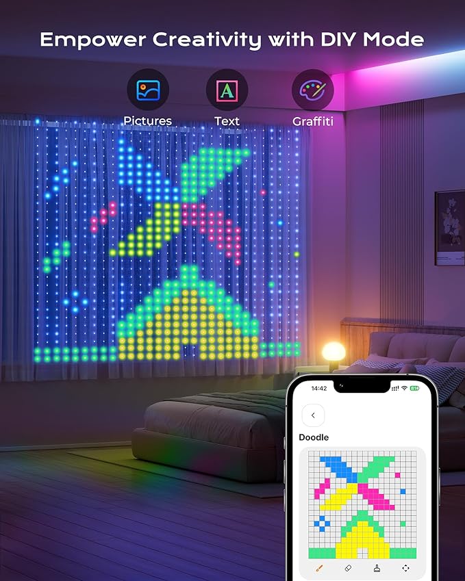 1040 RGBIC LEDs Smart Curtain Lights with DIY GIF, 9.8x6.6ft Color Changing Christmas Wall Lightss with APP, IP65 Waterproof String Fairy Lightss for Indoor Outdoor Bedroom Window Garage