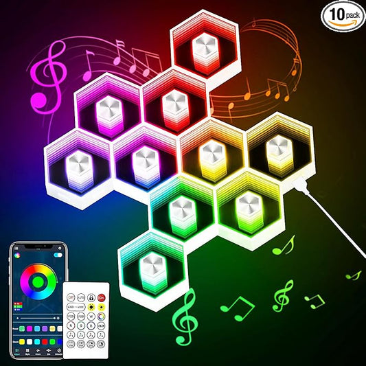 10 Pack Hexagon Lights Wall RGBW Panel - Hexagonal Led Lights Room Decor Wall Lights，with Smart APP Music Sync Honeycomb Shape Panels Hexagon for Gaming Lights Bedroom Children Decor