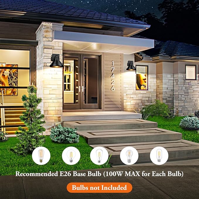 Brightever Motion Sensor Outdoor Wall Lights, Dusk to Dawn Porch Lights Outdoor Wall Sconces, Exterior Barn Lighting Fixtures with Outlet, Black Outside Lights for House, 2-Pack