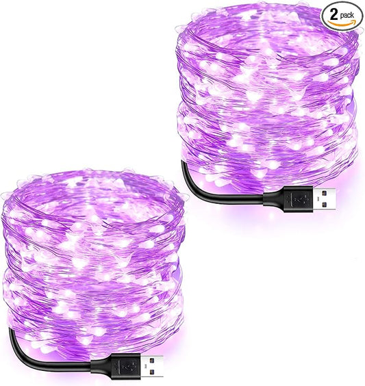 Blingstar USB Powered Fairy Lights, 2 Pack 33Ft 100 LED, Flexible Silver Wire, Mini String Lights for Christmas Tree/Halloween/Bedroom/Camping/Holiday Decoration, Purple