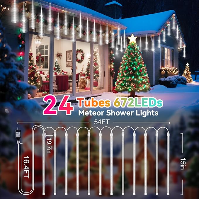 KNONEW Christmas Lights Outdoor, 15 inch 24 Tubes 672 LED Meteor Shower Lights Plug in Waterproof Falling Rain Light for Xmas Tree Wedding Party Garden Holiday Rooftop Decorations (Cool White)