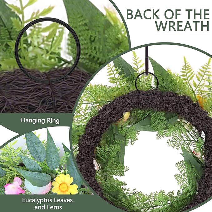 20 Inchs Easter Wreath for Front Door, Decor with Easter Eggs, Flowers & Leaves, Come with Hanger/Hook, 50LED Lights, Timer, for Outdoor Indoor Wall Window, for Spring Summer Hoilday, Gift