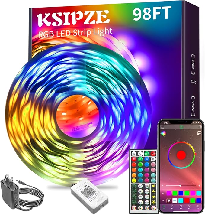KSIPZE 98ft Led Strip Lights RGB Music Sync Color Changing Bluetooth Led Lights with Smart App Control Remote Led Lights for Bedroom Room Lighting