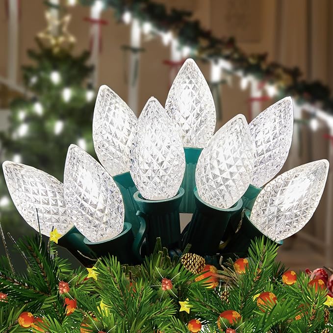 25 Pack C7 LED Replacement Christmas Light Bulbs for Light Strand and Christmas String Lights, Plastic Shatterproof Dimmable Holiday C7 Bulbs for E12 Base Sockets, Commercial Grade, Pure White