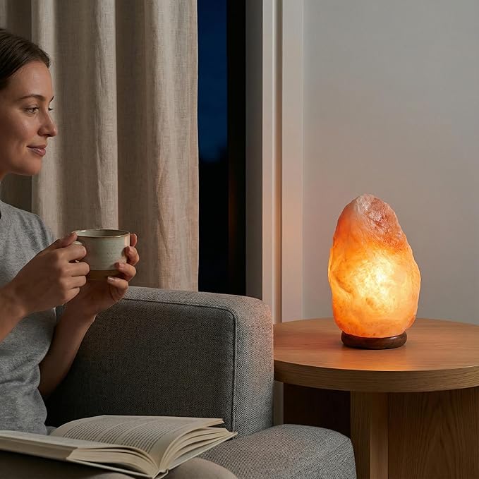 AMOYSTONE Portable Salt Lamp 6-7 Inch, Natural Himalayan Crystal with Wood Base & Dimmer(4-6 lbs)