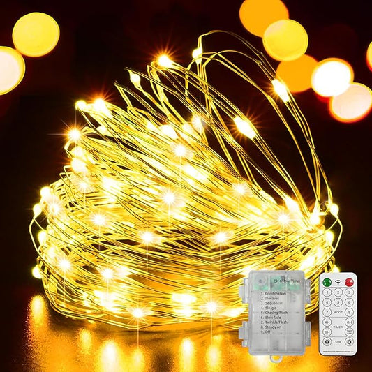 LAMPHOME 100 LED 33FT Fairy Lights Battery Operated with Remote, Mini Starry String Lights,Multi Functions & Timer, Twinkle Light for Christmas Home Bedroom Wedding DIY Centerpiece Decor,Yellow