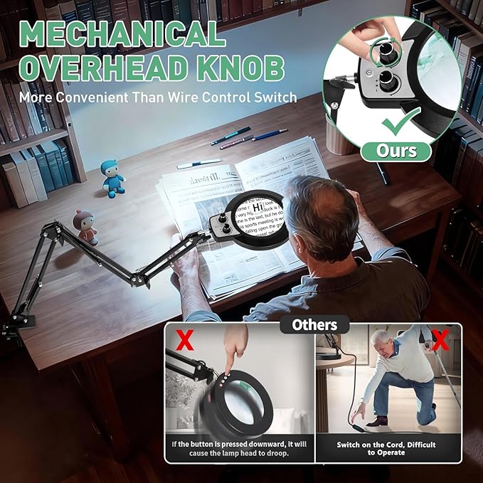 12X & 30X Magnifying Glass with Light, Ultra Long 3 Section Swing Arm LED Desk Lamp with Large Clamp, 3 Color and Brightness Hands Free Magnifier Light and Stand for Workbench Crafts Soldering