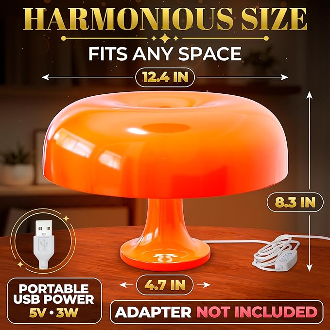 Orange Mushroom Lamp for Bedroom – Aesthetic Vintage Mushroom Lamps with 3 Lighting Colors & 10 Brightness – USB Powered Nightstand Retro Lamp for Reading Room, Office, Dorm | ABS + PVC Build