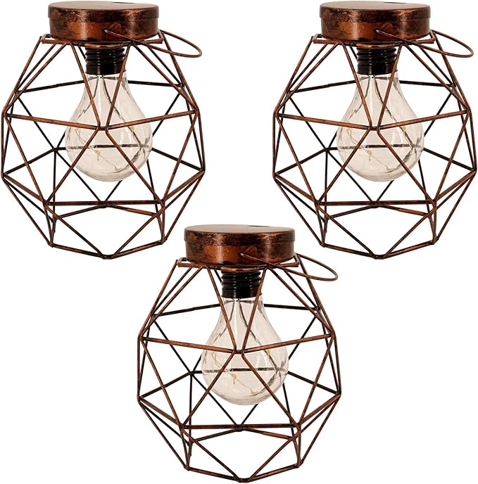 Rustic Metal Cage LED Lanterns (3 Pack, Geometric Sphere) Cordless Lantern Vintage Hanging Accent Lamp with Retro LED Light Bulb Home Decor