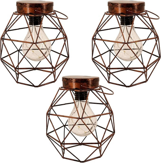 Rustic Metal Cage LED Lanterns (3 Pack, Geometric Sphere) Cordless Lantern Vintage Hanging Accent Lamp with Retro LED Light Bulb Home Decor