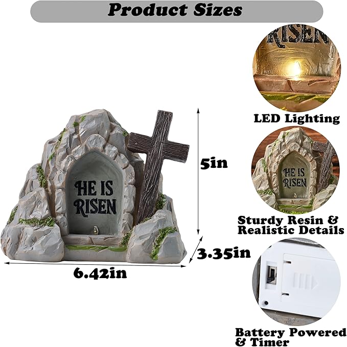 Empty Tomb Easter Decor with LED Lighting, Battery Powered Resurrection Scene for Christian Decoration, Resin HE is Risen Religious Display with Timer, Home Office Tabletop Tray, Shelf Decor