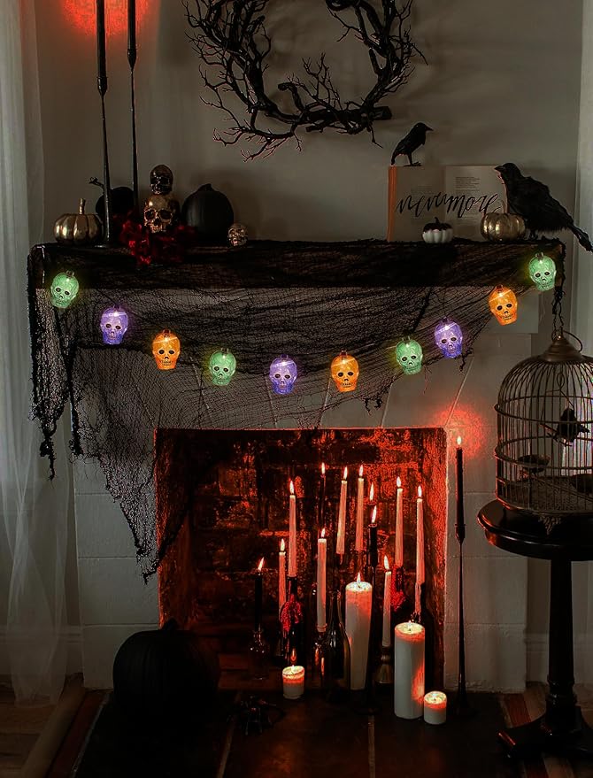 Halloween Skull String Lights Outdoor, 8.5Ft Ghost Head Lights with 10 LED Orange Green Purple Skull Head Lights, Hanging Halloween Decoration Skeleton Light for Patio, Porch, House, Party Decorations