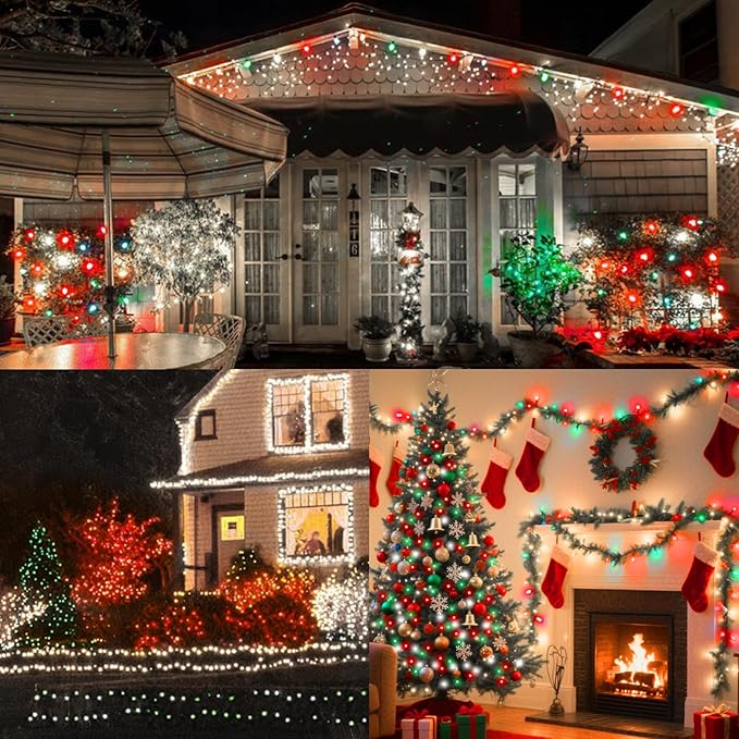 LAMPHOME 66ft Christmas Decorative Mini Lights, 200 LED Green Wire Fairy Starry String Lights Plug in, 16 Lighting Modes for Outdoor Xmas Tree Wedding Party Decoration (Red Green White)