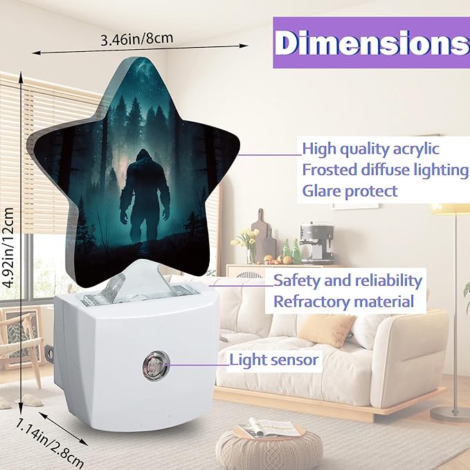 Bigfoot Night Lights Plug Into Wall,Fantasy Forest Dusk to Dawn Light Sensor Night Light for Kids, Energy Efficient Sleep Friendly Lamp for Bedroom Bathroom Nursery