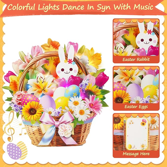 3D Pop Up Easter Flower Basket Card with Music & Lights – Bunny, Eggs, Lily, Tulip, Daisy Bouquet – Envelope Included – Gift & Decoration