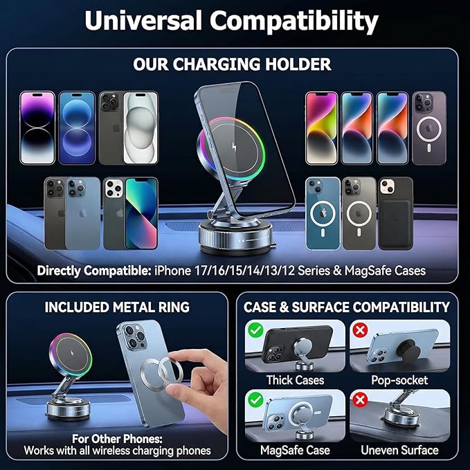 Vacuum Magnetic Phone Charging Holder Mount 15W Fast Wireless Charger for Car Magsafe 360° Adjustable Phone Holder with Nano Gel Suction Cup for iPhone 12-17 Pro Max (K5S)
