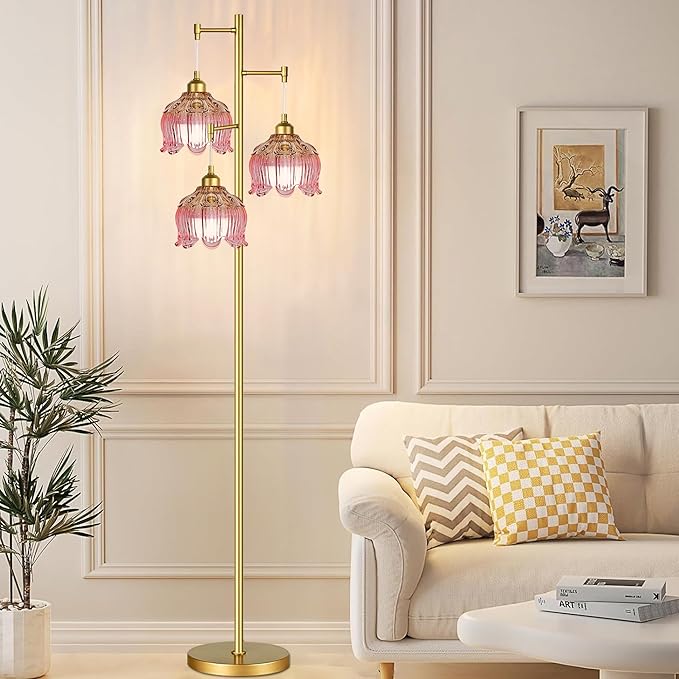 Pink Floor Lamp for Living Room,Bedroom,Gold Mid Century Modern Standing Lamp Brass Tree 3 Light Tall Floor Lamps Vintage Retro Floor Lights Glass Flower Lamp Shade Girls Kids Boho Bohemian