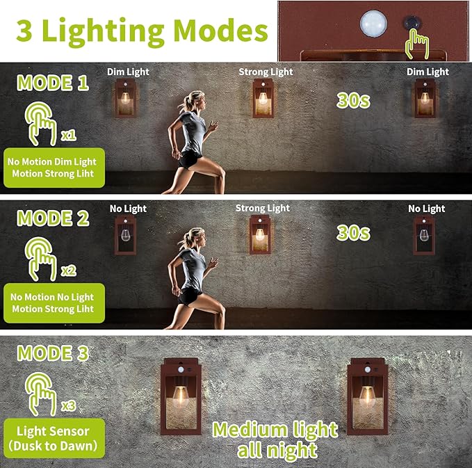 2 Pack Solar Porch Lights Outdoor,Solar Wall Lights with 3 Lighting Modes&Motion Sensor, Dusk to Dawn Sconce Lights Wall Mount,Exterior Wall Lantern Light Fixture for House, Garage,Patio,Shed