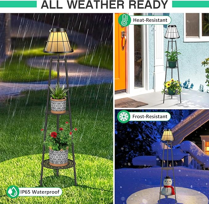 2 Pack Solar Floor Lamps Outdoor with 2-Tier Plant Stand, Metal Tall Planter Holder with Waterproof LED Lantern, Decorative Patio Light & Flower Pot Display Rack for Garden, Deck, Porch, Balcony