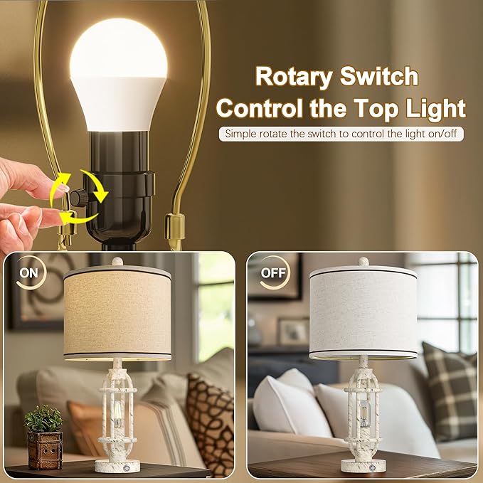 23.75'' Table Lamps Set of 2 for Living Room Bedroom Industrial Farmhouse Metal Touch Lamps with USB A+C Ports, Night Light Vintage Nightstand Bedside Lamp, Bulbs Included, White