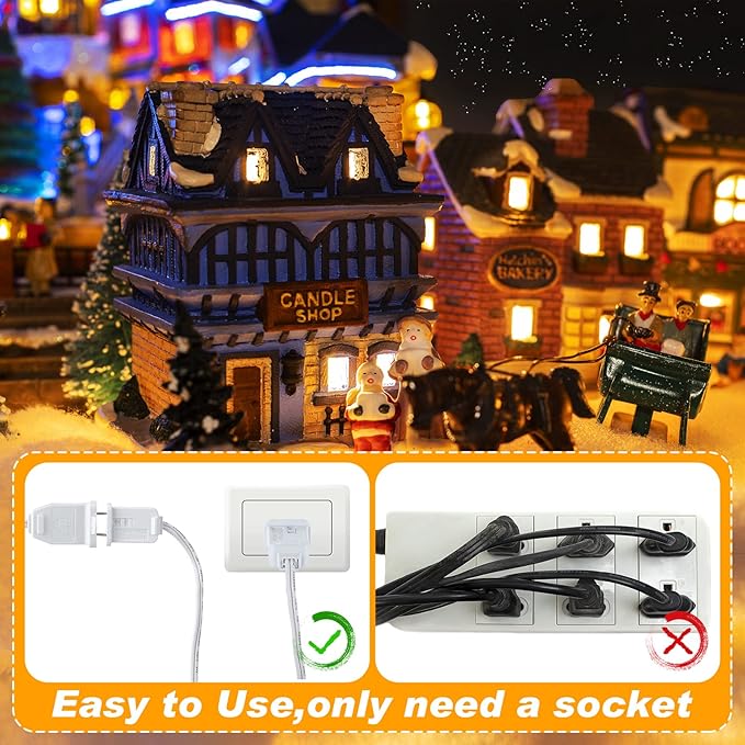 Coume Set of 3 Christmas Village Light Accessory Cord with 6 Socket Led Bulbs and Clips, Accessories White Bulb On/Off Switch for Decor, 11.5 Feet