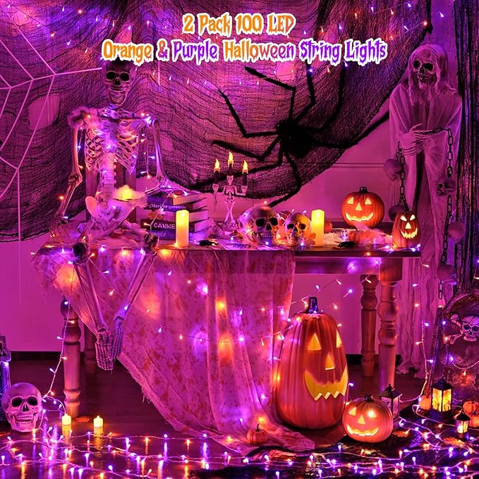 JMEXSUSS 2 Pack 100 LED Orange and Purple Halloween Lights, 33ft Connectable Halloween String Lights Outdoor Waterproof, 8 Modes Christmas Light for Indoor Christmas Tree Party Decorations
