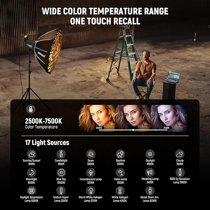 NEEWER 130W RGB LED Video Light APP/2.4G Control, COB Continuous Studio Key Lighting, 17 Effects 2500-7500K 19800lux CRI97 4 Dimming Curves, Bowens Spotlight for Video Recording Streaming, FS150C