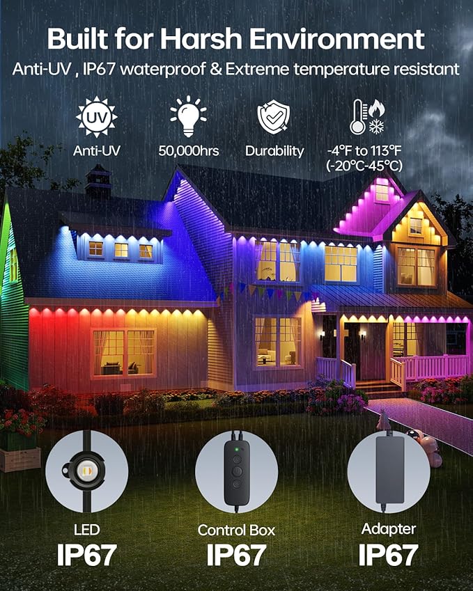 ASAHOM AI Permanent Outdoor Lights S107D, 200FT with 144 RGBCW LED Lights and Dual Output, 30,000 Lighting Effect Combination, IP67 Waterproof for House Halloween Christmas and Daily Decoration, Black